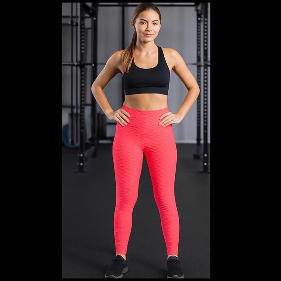 New Mix Neon Coral Textured Scrunch Leggings Honeycomb Butt Lift Yoga Pants NEW - Picture 1 of 10